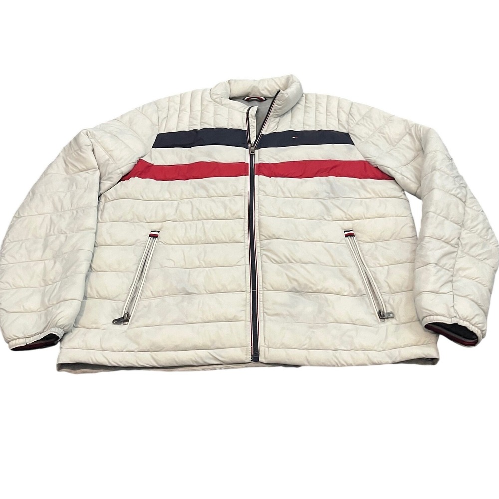 Tommy Hilfiger Puffer Jacket Mens L White Packable Quilted Striped Zip Up
